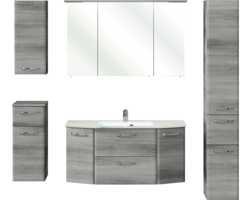Badmöbel-Set Pelipal Quickset 328 BxHxT 175 x 200 x 39 cm Frontfarbe graphit struktur quer mit Glas-Waschtisch weiß, Hochschrank, Unterschrank und Wandschrank 328.120008 Badezimmermöbelset mit Waschbeckenunterschrank, Spiegelschrank und Hochschränken