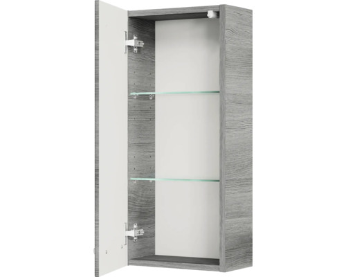 Geöffneter grauer Bad Spiegelschrank mit Glasablagen