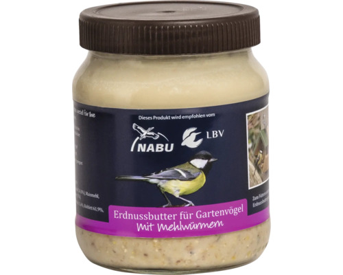 Nourriture pour oiseaux sauvages CJ Wildlife beurre de cacahuète pour oiseaux de jardin avec vers de farine 330g dans un verre, nourriture d'hiver pour oiseaux, nourriture pour oiseaux pour toute l'année, nourriture énergétique