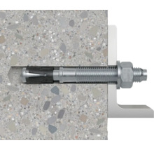 Ancrage de boulon dans un mur en béton avec un rail métallique fixé