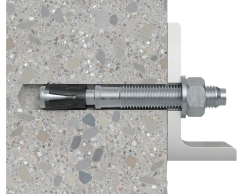 Ancrage de boulon dans un mur en béton avec un rail métallique fixé