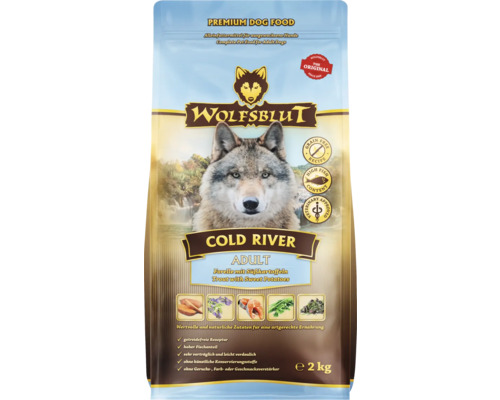 Croquettes pour chien WOLFSBLUT Cold River Adult, truite et saumon avec patates douces avec des supers aliments précieux, sans céréales, sans gluten 2 kg