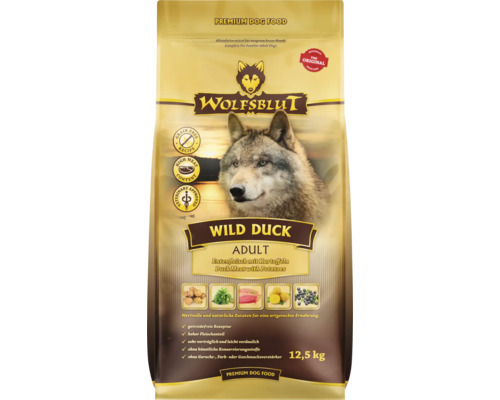 Croquettes pour chien WOLFSBLUT Wild Duck Adult, canard avec pommes de terre avec des supers aliments précieux, sans céréales, sans gluten 12,5 kg