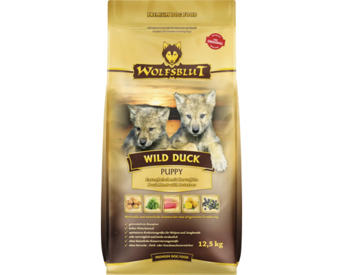 Croquettes pour chien WOLFSBLUT Wild Duck Puppy, canard avec pommes de terre nourriture pour chiots avec des supers aliments précieux, sans céréales, sans gluten 12,5 kg