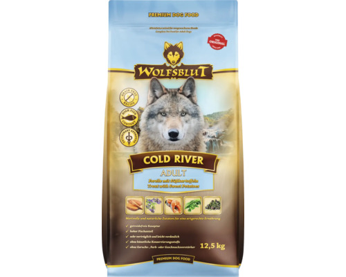 Croquettes pour chien WOLFSBLUT Cold River Adult, truite et saumon avec patates douces avec des supers aliments précieux, sans céréales, sans gluten 12,5 kg