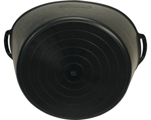 Schwarzer Mörtelkübel mit zwei Griffen und konzentrischen Kreisen am Boden