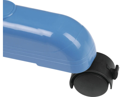 Detailaufnahme eines blauen Kunststoffgehäuses mit schwarzer Rolle