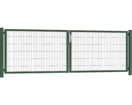 Portillon double premium 400 x 120 cm 8/6/8 dormant 60x40 avec poteaux à sceller dans du béton RAL 6005 vert mousse Portillon double premium 400 x 120 cm 8/6/8 dormant 60x40 avec poteaux à sceller dans du béton RAL 6005 vert mousse