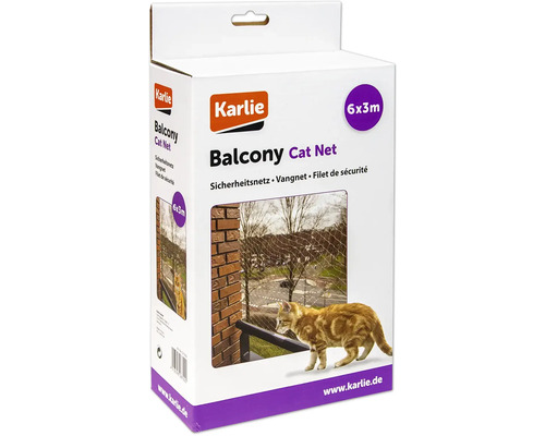 Filet de protection pour chats Karlie Balcony 6 x 3 m, transparent, maille 3 x 3 cm Emballage d''un filet de protection pour chat de balcon Karlie, 6x3 mètres