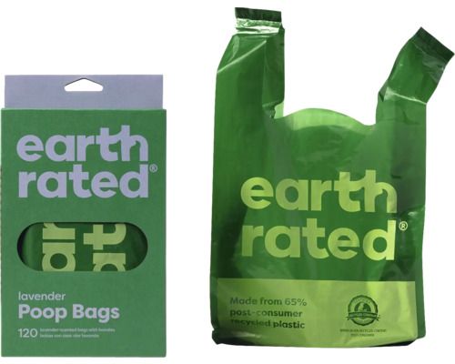 Earth Rated Sacs à déjections canines parfumés à la lavande, paquet de 120 et sacs à déjections canines individuels fabriqués à partir de 65 % de plastique recyclé.