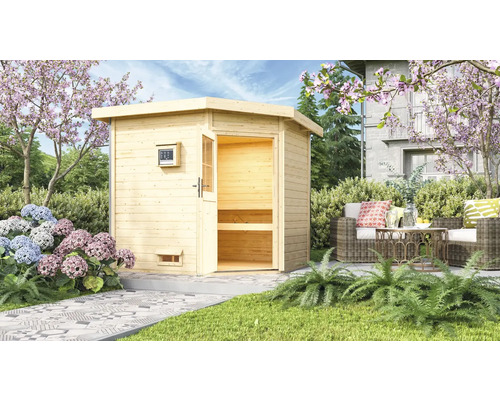 Chalet sauna Karibu Rubin 2 avec poêle bio 9 kW, commande externe et porte en bois avec verre isolant thermiquement