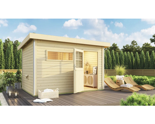 Chalet sauna Topas 3 sans poêle avec vestibule et porte entièrement vitrée couleur bronze