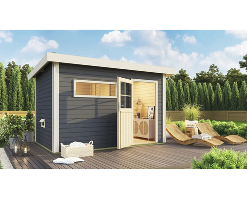 Chalet sauna Karibu Topas 3 sans poêle avec vestibule et porte entièrement vitrée couleur bronze gris terre