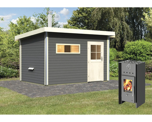 Chalet sauna Karibu Topas 3 avec poêle de sauna et vestibule avec porte entièrement vitrée couleur bronze gris terre
