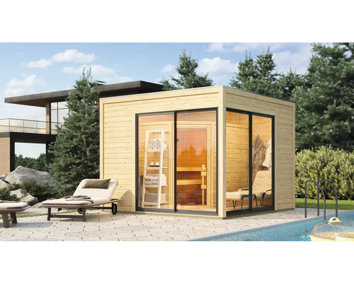 Chalet sauna Karibu Termingo 3 A sans poêle avec vestibule et porte en bois avec verre isolé thermiquement