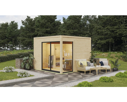 Chalet sauna Karibu Termingo 1 A avec poêle bio 9kW et commande externe avec vestibule et porte en bois avec verre isolé thermiquement