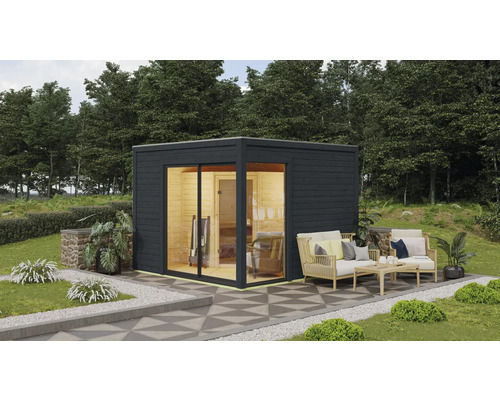 Chalet sauna Karibu Termingo 1 A avec poêle bio 9kW et commande externe avec vestibule et porte en bois avec verre isolé thermiquement anthracite