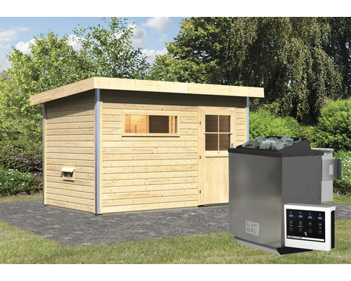 Chalet sauna Topas 1 avec poêle bio 9kW et commande externe avec vestibule et porte entièrement vitrée couleur bronze