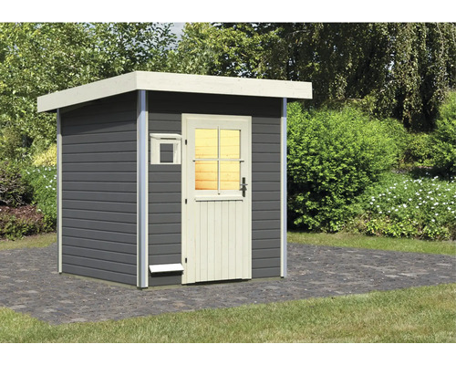 Chalet sauna Karibu Opal 2 sans poêle avec porte en bois et verre à isolation thermique gris terre