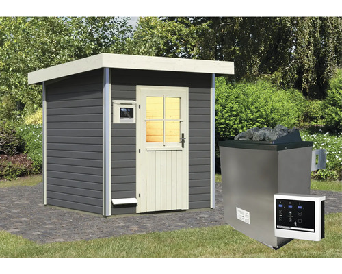 Chalet sauna Karibu Opal 2 avec poêle 9 kW, commande externe et porte en bois avec verre à isolation thermique gris terre/blanc