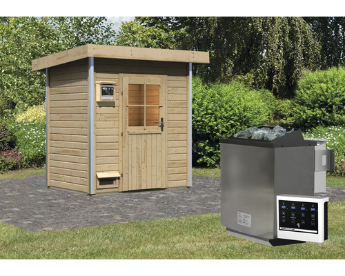 Chalet sauna Karibu Opal 1 avec poêle bio 9 kW, commande externe et porte en bois avec verre à isolation thermique
