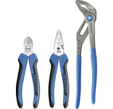 Jeu de pinces Gedore, comprenant une pince coupante de côté, une pince à becs plats et une pince multiprise