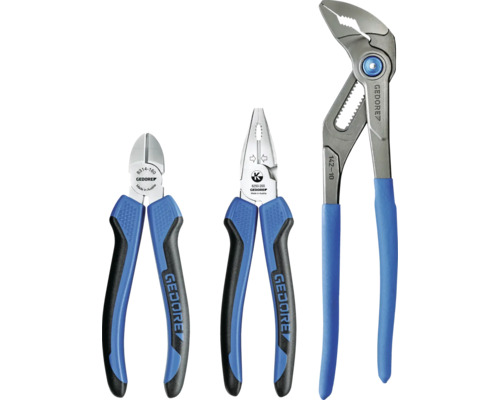 Jeu de pinces Gedore, comprenant une pince coupante de côté, une pince à becs plats et une pince multiprise