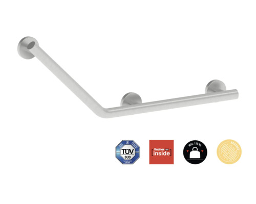 Poignée de sécurité REIKA Comfort angle de 135° gauche acier inoxydable brossé Barre d''appui d''angle pour salle de bains avec label TÜV Süd, Fischer Inside, capacité de charge maximale de 150 kilogrammes et surface brossée