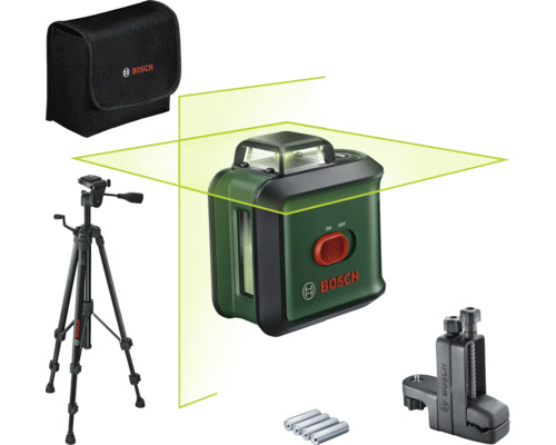 Bosch Logo, ein Linienlaser mit Stativ, Halterung, Batterien und Tasche