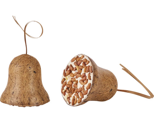 Mangeoire pour oiseaux en fibre de coco en forme de cloche, remplie de noix