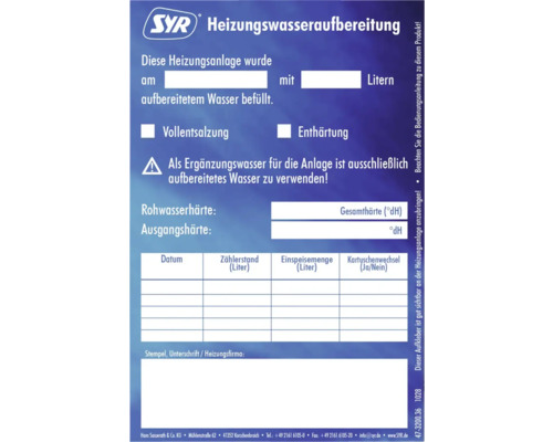 Aufkleberblock SYR Heizungswasseraufbereitung 3200.00.925