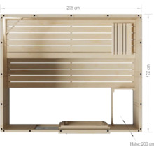 Draufsicht einer Sauna mit den Maßen 208 Zentimeter Breite, 172 Zentimeter Tiefe und 200 Zentimeter Höhe.