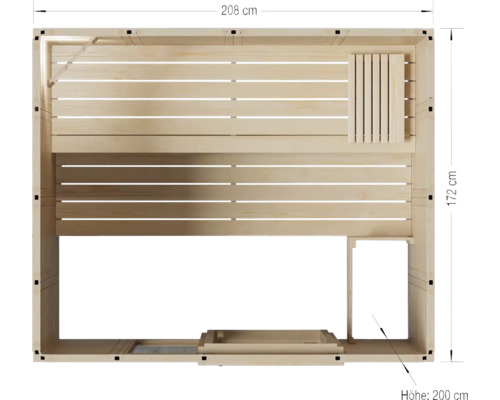 Draufsicht einer Sauna mit den Maßen 208 Zentimeter Breite, 172 Zentimeter Tiefe und 200 Zentimeter Höhe.