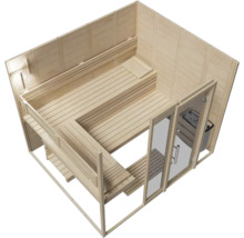Innenansicht einer Sauna mit Holzbänken und einem Saunaofen hinter einer Glastür.