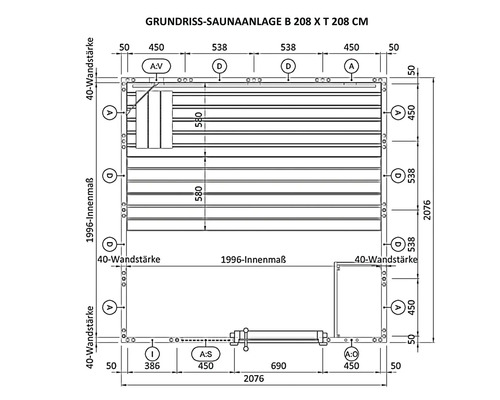 Grundriss einer Saunaanlage mit den Maßen Breite 208 Zentimeter mal Tiefe 208 Zentimeter.