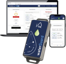 IQ Waterguard Gerät mit Darstellung der zugehörigen App auf Laptop und Smartphone