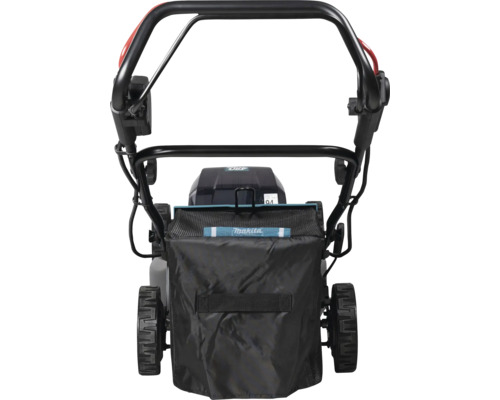 Rückansicht eines Rasenmähers mit Fangkorb