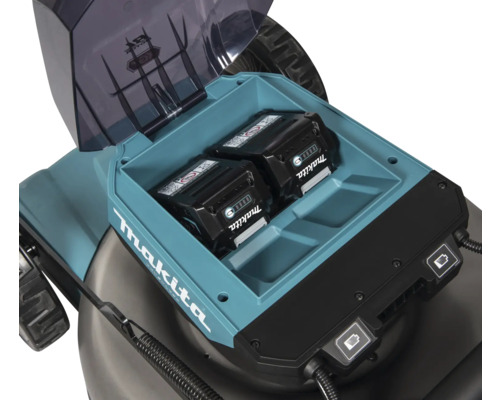 Vue détaillée d''une tondeuse à gazon avec deux batteries Makita insérées