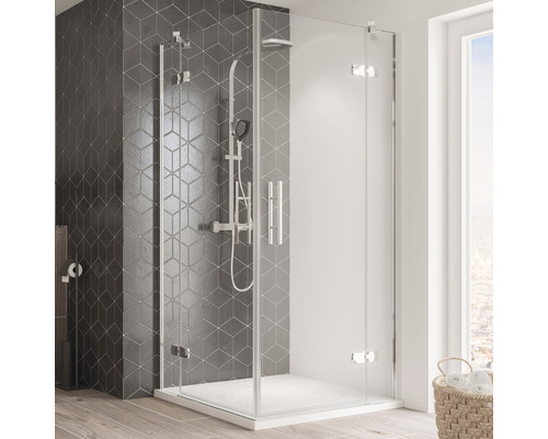 Douche accès d'angle avec porte pivotante en 4 éléments Breuer Avanta 90x80 cm décor Intima profilé couleur chrome Cabine de douche avec accès d''angle et système de douche dans une salle de bain moderne