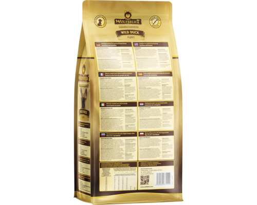 Wolfsblut Wild Duck Puppy Hundefutter-Packung, Rückseite mit Zutateninformationen