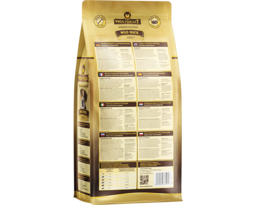 Paquet de nourriture pour chiens Wolfsblut Wild Duck Adult, dos avec informations sur le produit et recommandations d''alimentation