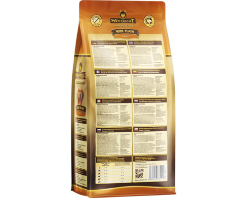 Wolfsblut Wide Plain Adult Trockenfutter für Hunde, Rückseite der Verpackung mit Produktinformationen