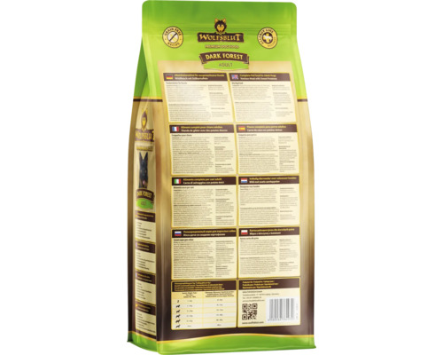 Wolfsblut Dark Forest Adult Trockenfutter für Hunde, Rückseite der Verpackung mit Produktinformationen