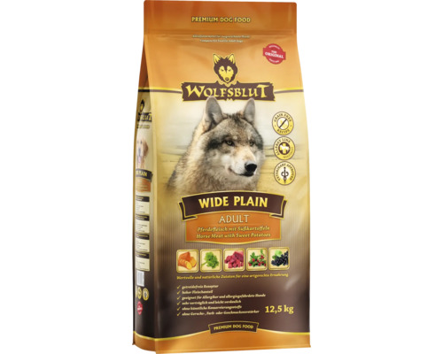 Croquettes pour chien WOLFSBLUT Wide Plain Adult, cheval avec patates douces avec des supers aliments précieux, sans céréales, sans gluten 12,5 kg