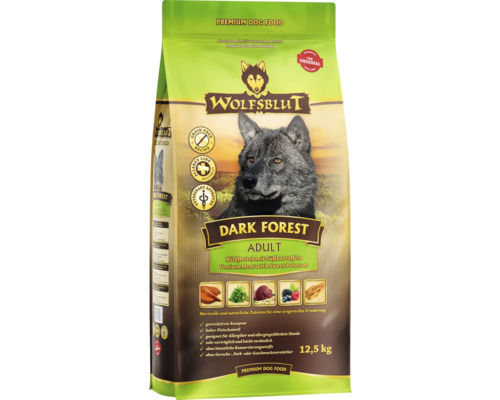 Croquettes pour chien WOLFSBLUT Dark Forest Adult, gibier avec patates douces avec des supers aliments précieux, sans céréales, sans gluten 12,5 kg