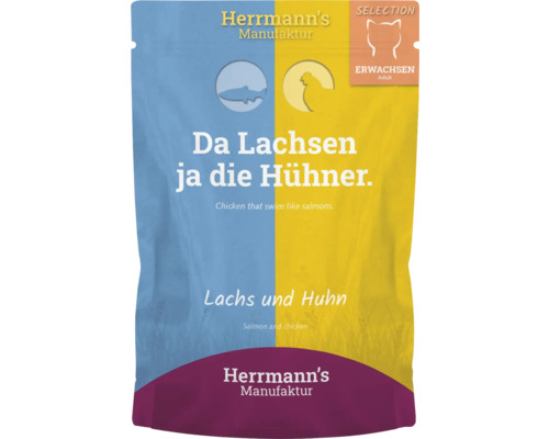 Verpackung von Herrmanns Manufaktur Katzenfutter mit Lachs und Huhn für ausgewachsene Katzen