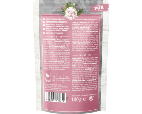 Verpackung Katzenfutter mit Rindfleisch, Alleinfuttermittel für ausgewachsene Katzen