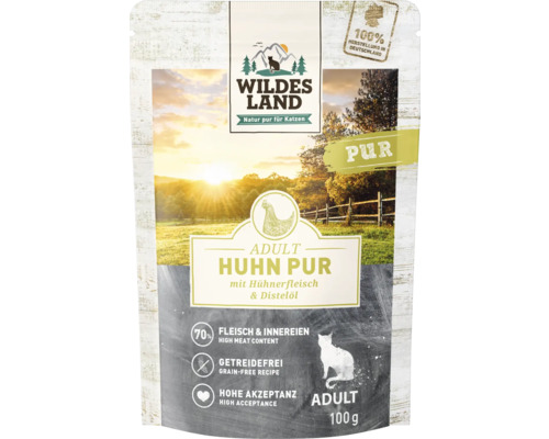 Wildes Land Katzenfutter Adult Huhn pur, 100 Gramm Packung