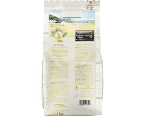 HUHN Über Wildes Land Katzenfutter 1,2 kg Packungsrückseite