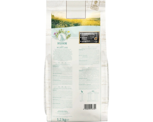 Rückseite der Wildes Land Hühnerfutter Verpackung, 1,2 Kilogramm